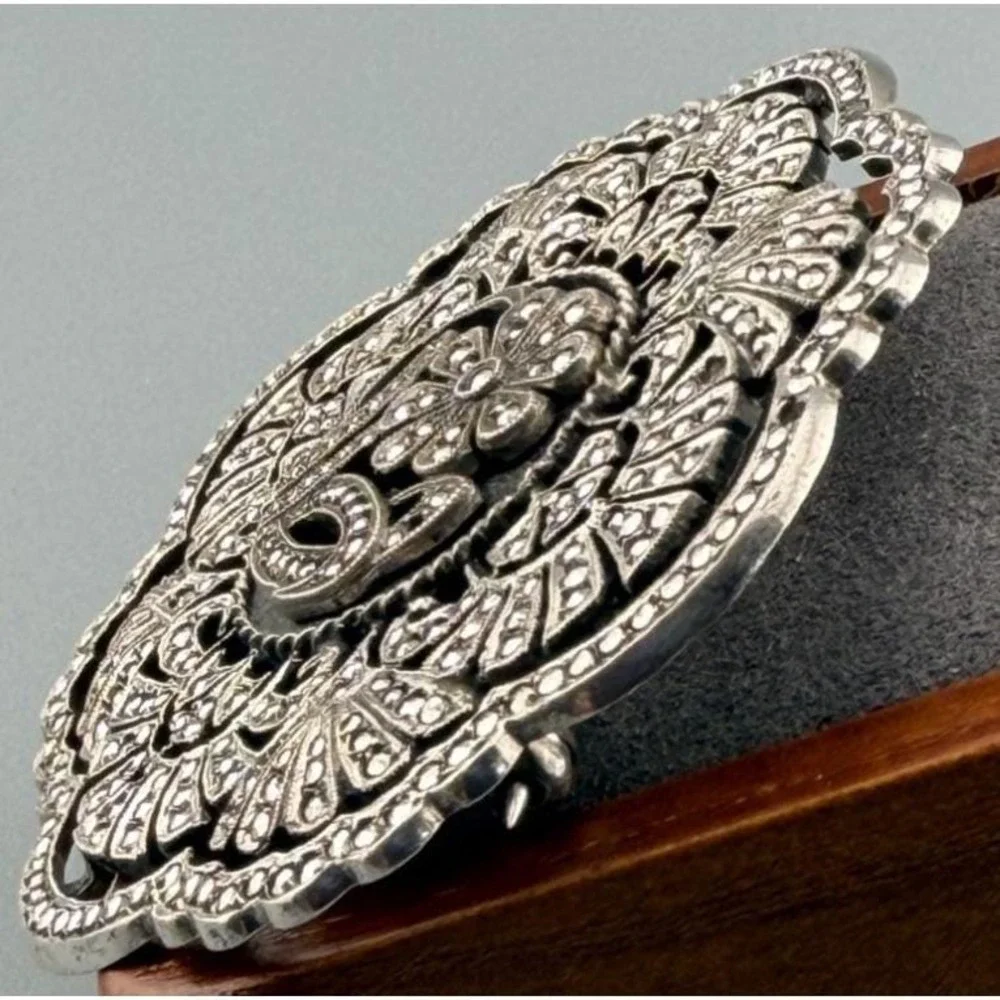 Vintage Art Deco Brooch Sterling Silver Floral Marcasite Black Onyx Center READ